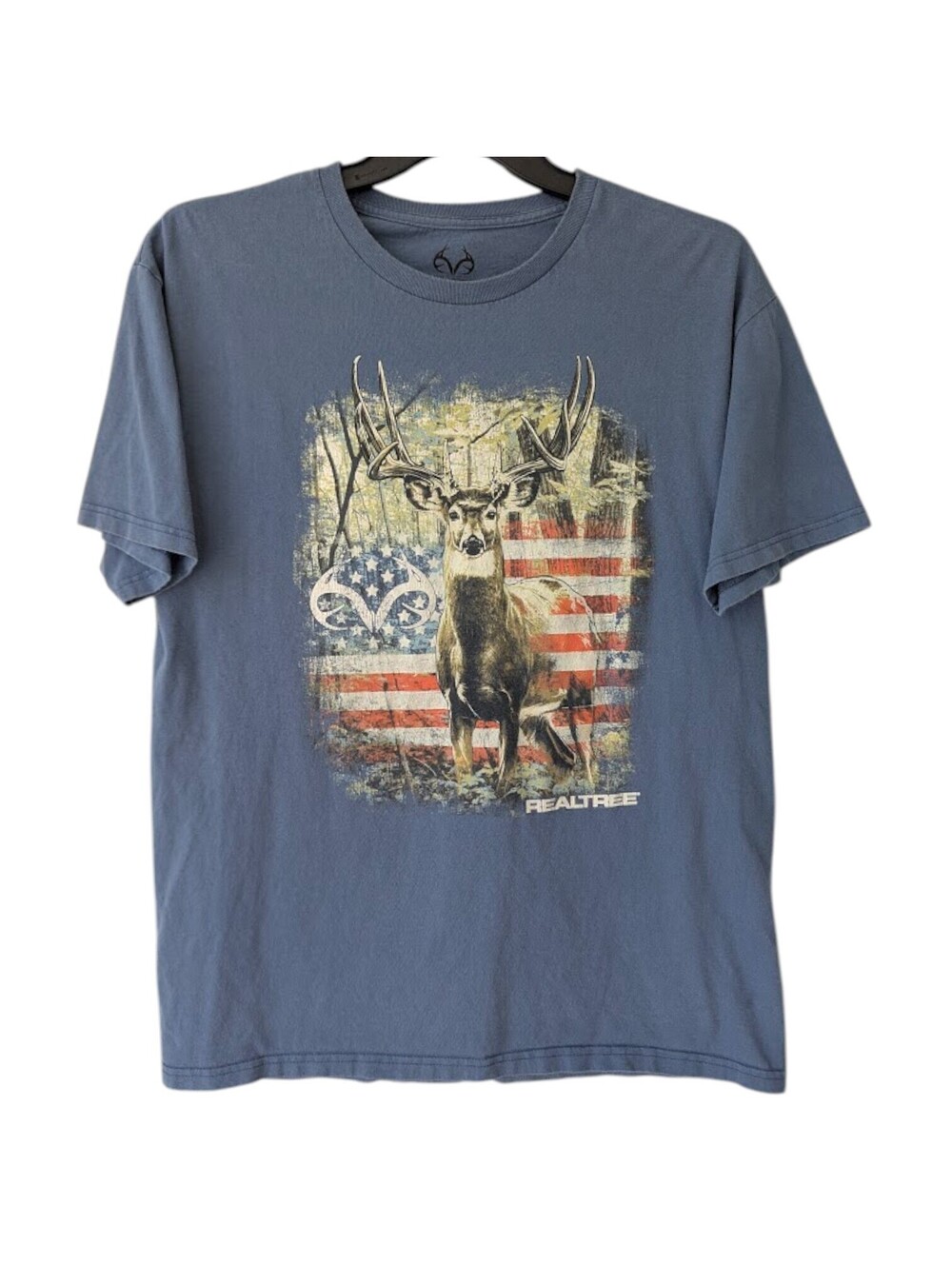 Realtree Shirt Large Blue Northern Outpost American Flag Deer Wildlife Hunt Fish